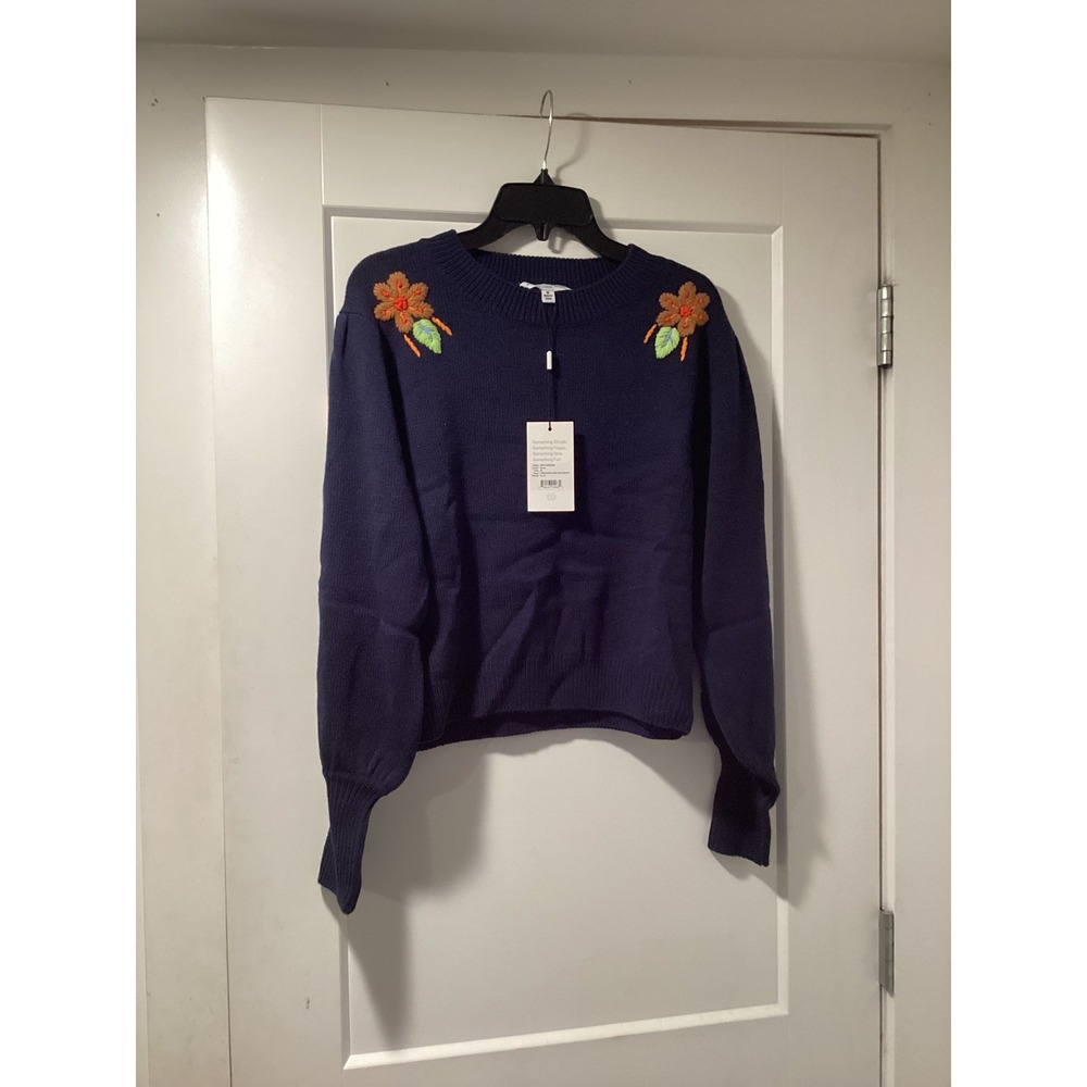Something Navy Embroidered Crew Neck Sweater Navy Blue Floral Wool Blend M NEW
